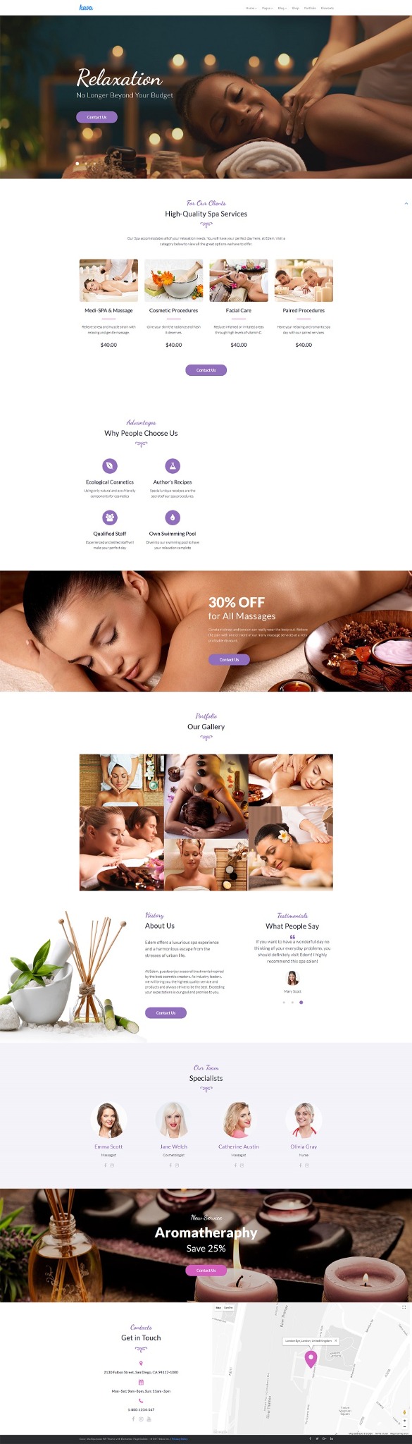 Przykładowa strona internetowa salonu spa z ofertą masaży, zabiegów kosmetycznych i aromaterapii, prezentująca zdjęcia z galerii i profile specjalistów.