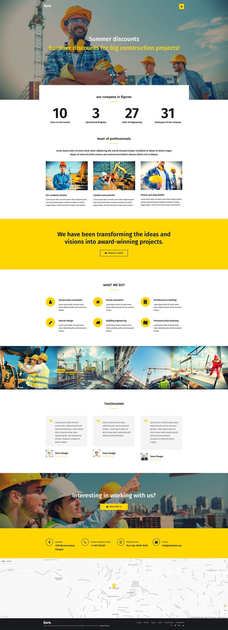Strona internetowa firmy budowlanej prezentująca ofertę z rabatami sezonowymi, liczby dotyczące firmy (lata na rynku, brygady, jednostki inżynieryjne, pracownicy), zespół specjalistów i referencje...