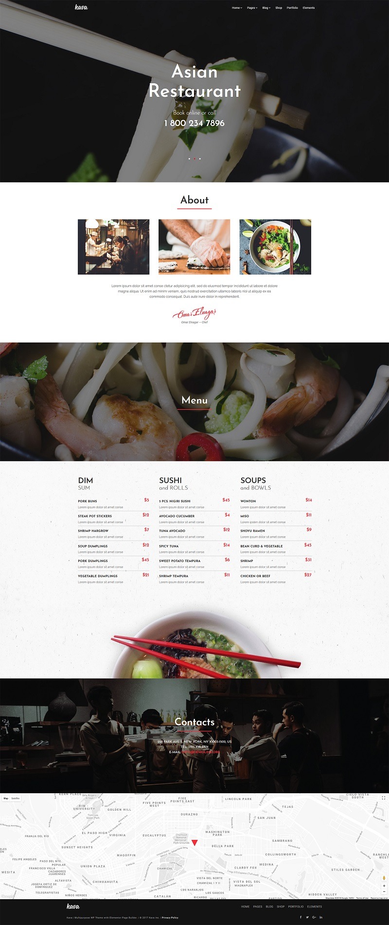 Strona internetowa restauracji azjatyckiej z menu, informacjami o lokalu i mapą dojazdu.