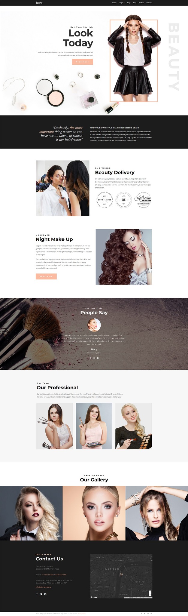 Projekt strony internetowej salonu kosmetycznego z sekcjami: nagłówek z modelką, oferta makijażu, opinie klientów, zespół stylistów, galeria zdjęć i dane kontaktowe na ciemnym tle.