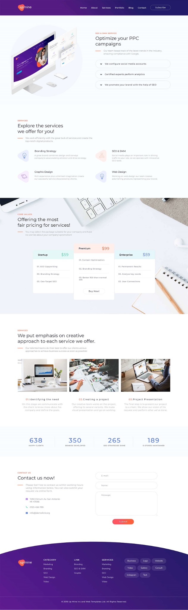 Kompozycja elementów strony internetowej agencji interaktywnej, prezentująca ofertę usług SEO, PPC, branding i web design na białym tle z klawiaturą i notatnikiem.