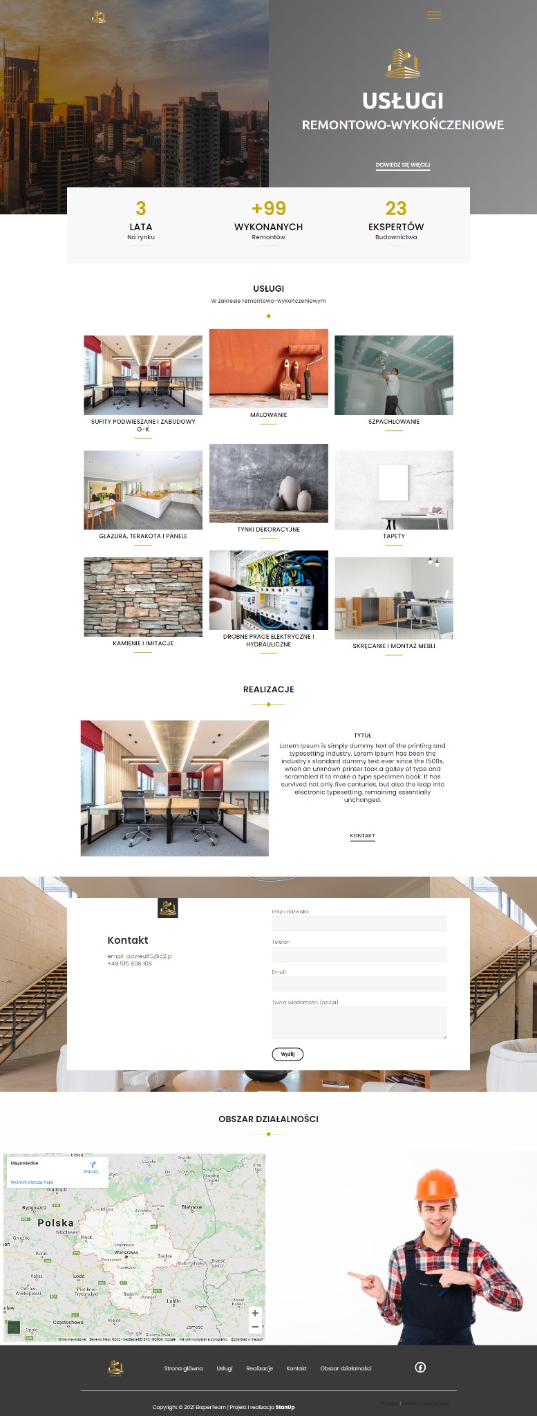 Projekt strony internetowej firmy remontowo-wykończeniowej prezentujący zakres usług: malowanie, sufity podwieszane, szpachlowanie, tynki dekoracyjne, glazura, kamienie, drobne prace elektryczne...