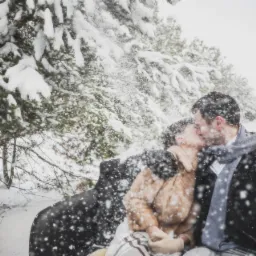 Para całująca się w powozie konnym, zimowa sceneria z drzewami pokrytymi śniegiem, kobieta w futrze, mężczyzna w płaszczu i szaliku.