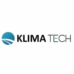 Logo firmy Klima Tech z niebieskim okręgiem i stylizowanymi falami oraz czarnym napisem 'KLIMA TECH' z niebieską kreską pod 'TECH'.