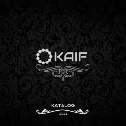 Okładka katalogu firmy KAIF z 2021 roku, z dekoracyjnym, ciemnym tłem w roślinne wzory i ozdobnymi elementami graficznymi.