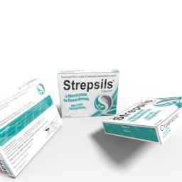 DR Projekt - Trzy pudełka Strepsils z mentolem i eukaliptusem na białym tle, ułożone pod różnymi kątami, ukazujące ukraińskie napisy na opakowaniach.