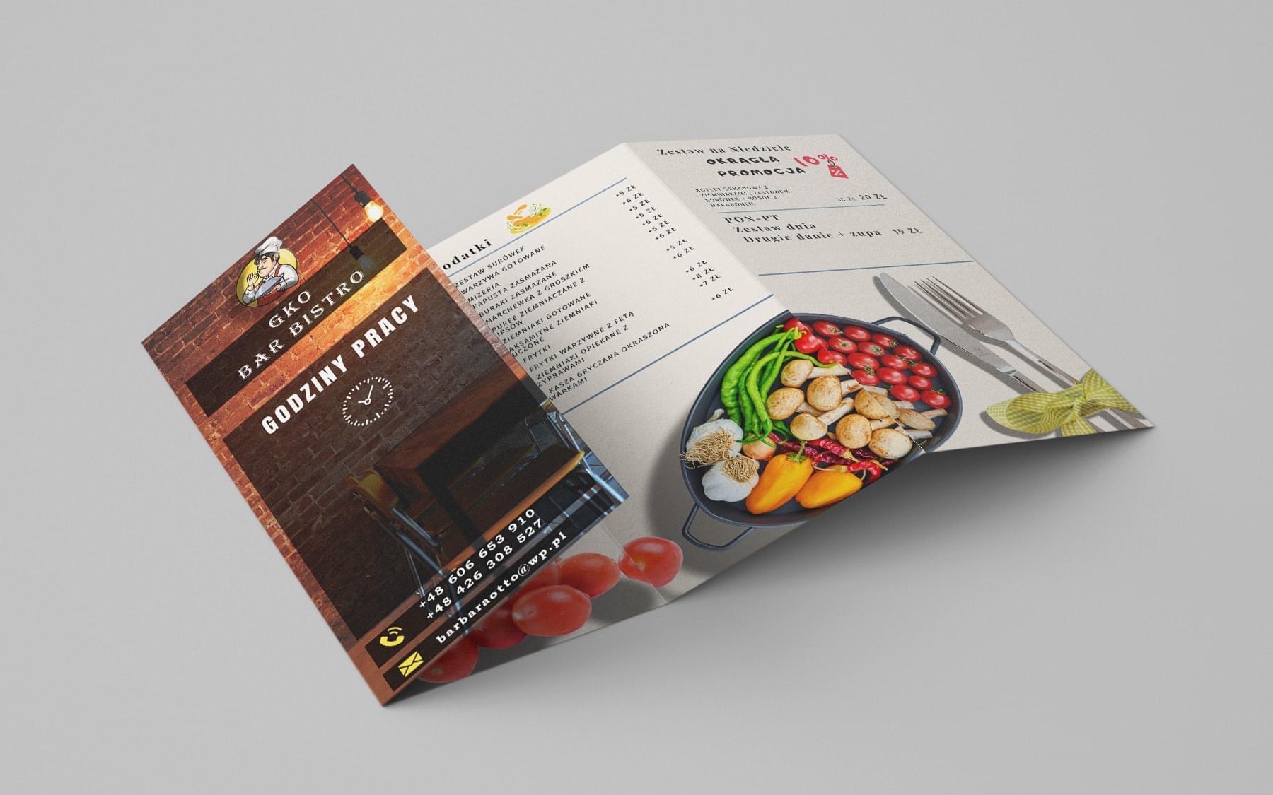 Trójdzielna ulotka reklamowa restauracji GKO Bar Bistro prezentująca godziny otwarcia, menu z dodatkami i promocję niedzielną, z wyraźnym zbliżeniem na zdjęcia potraw i ceny.