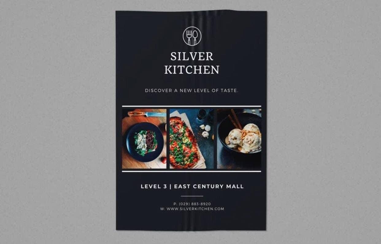 Czarny plakat reklamowy restauracji Silver Kitchen z trzema zdjęciami potraw: sałatka, pizza i lody, oraz logo z widelcem i łyżką.