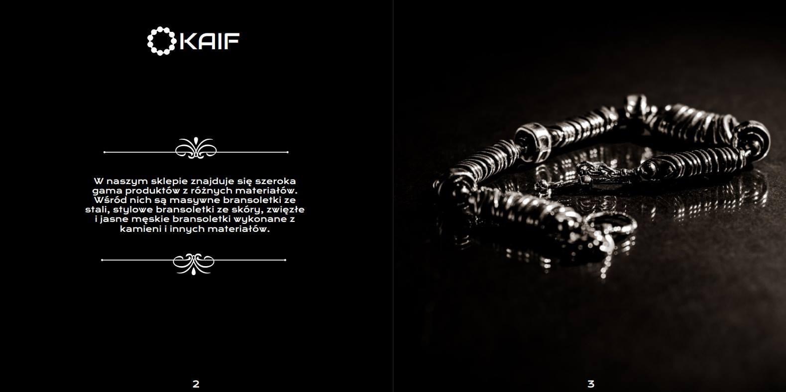 Stylowa, masywna bransoletka męska ze stali na ciemnym, błyszczącym tle, prezentowana w katalogu firmy KAIF.