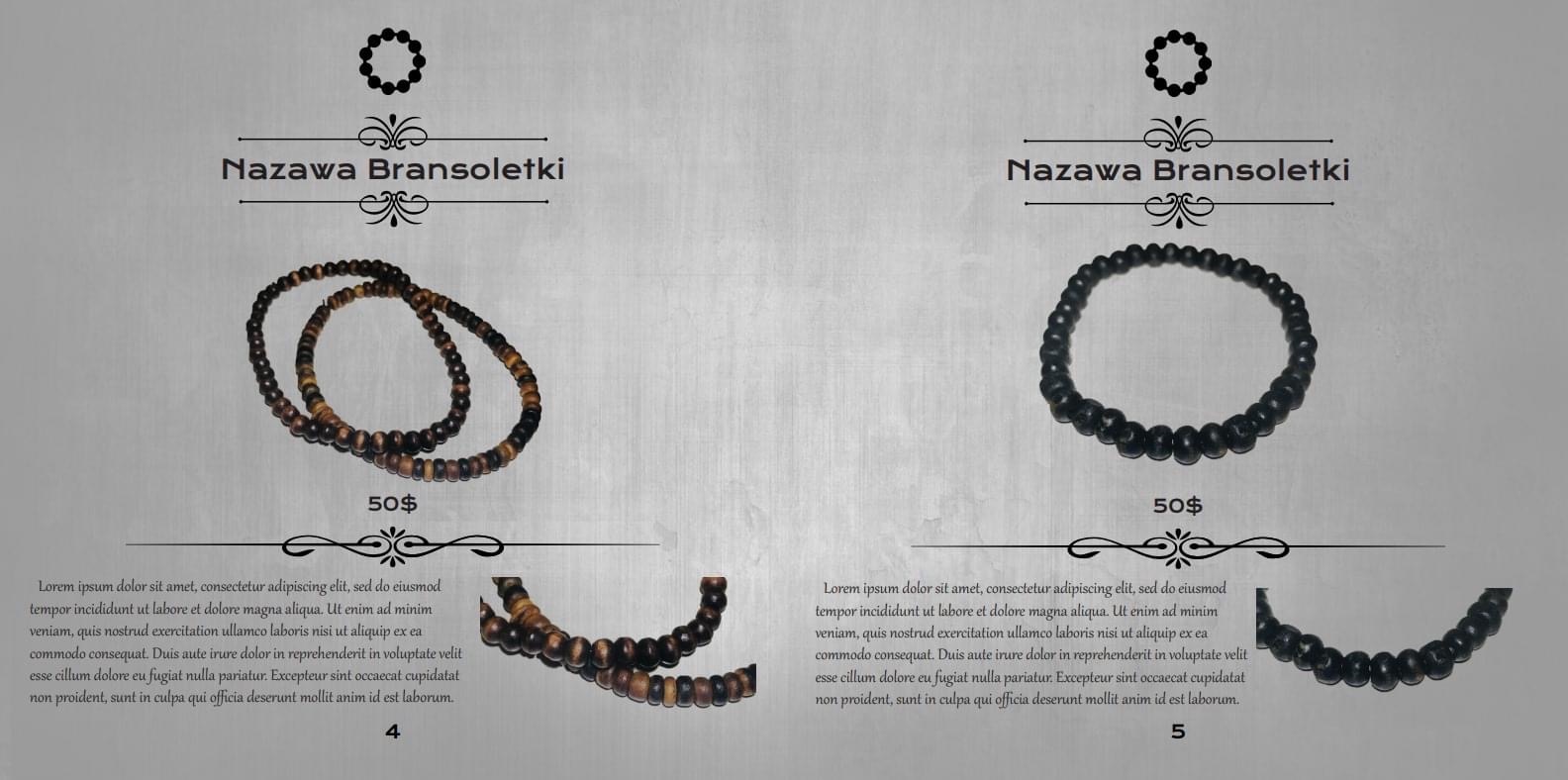 Reklama dwóch wariantów bransoletek z drewnianych koralików na szarym tle z tekstem i ceną 50$