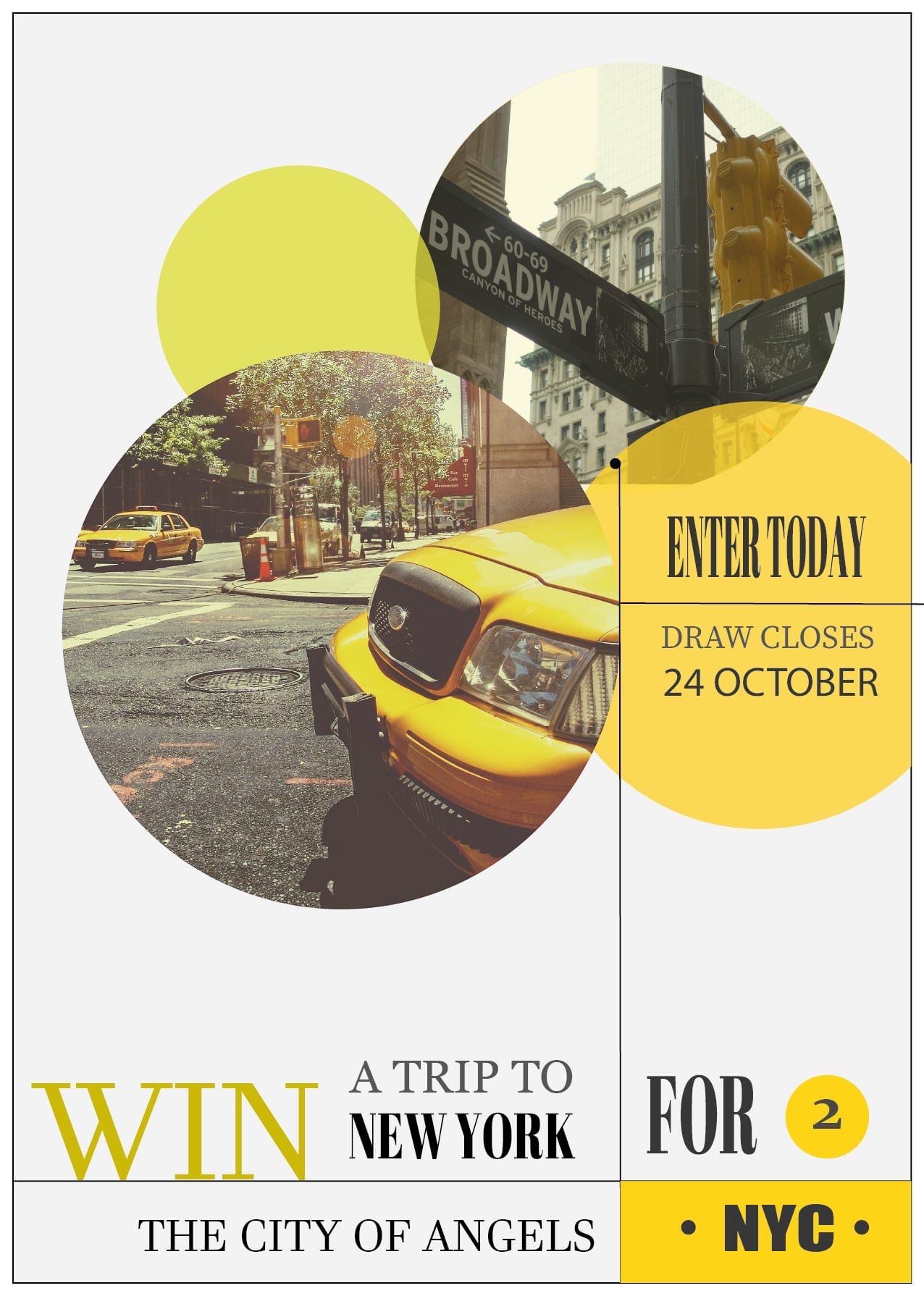 Reklamowy plakat z żółtym nowojorskim taksówką na tle znaku Broadway, promujący konkurs na wycieczkę do Nowego Jorku.