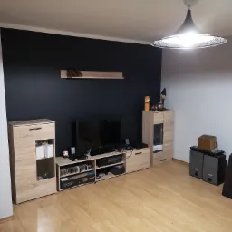 Nowoczesny salon z czarną ścianą, drewnianą podłogą, oświetleniem sufitowym w stylu retro, szafkami RTV i dekoracjami na półce.