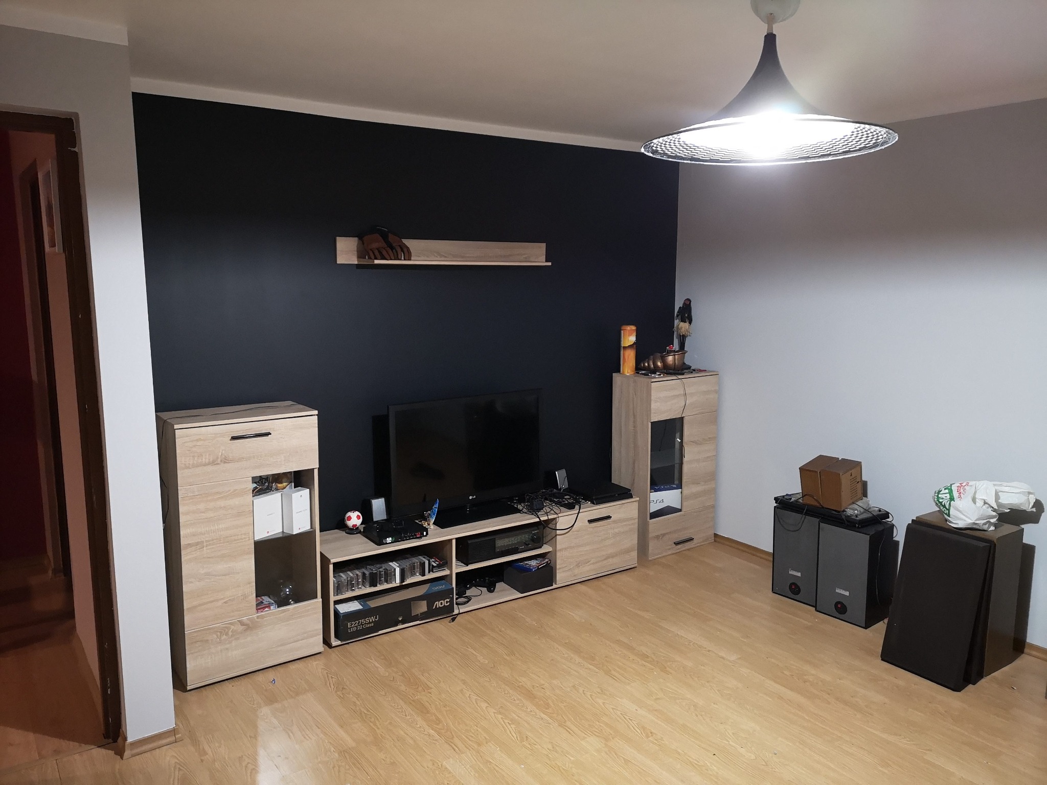 Nowoczesny salon z czarną ścianą, drewnianą podłogą, oświetleniem sufitowym w stylu retro, szafkami RTV i dekoracjami na półce.