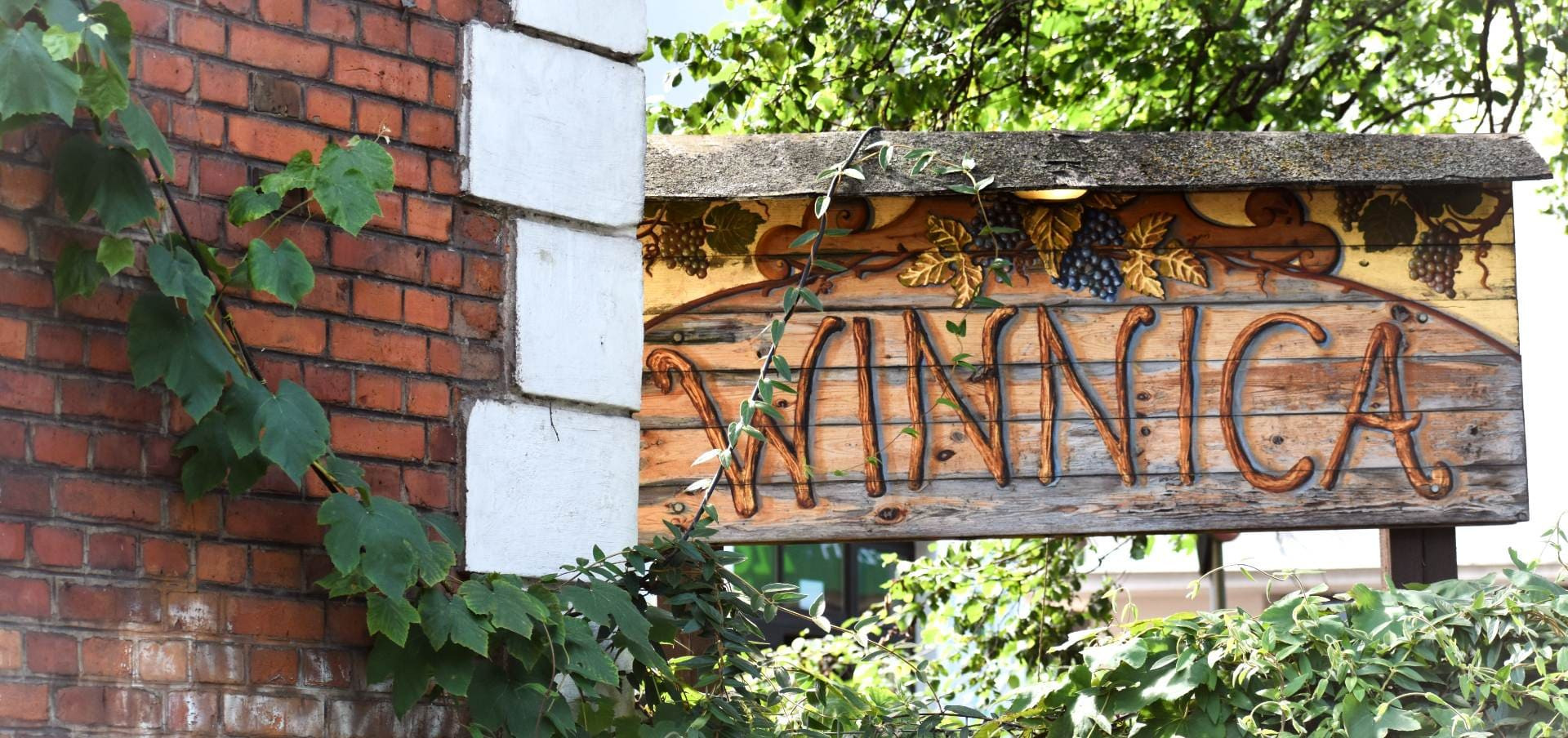 Drewniany szyld z napisem 'Winnica' ozdobiony motywem winogron i liści winorośli, przymocowany do budynku z cegły, częściowo zasłonięty zielenią.