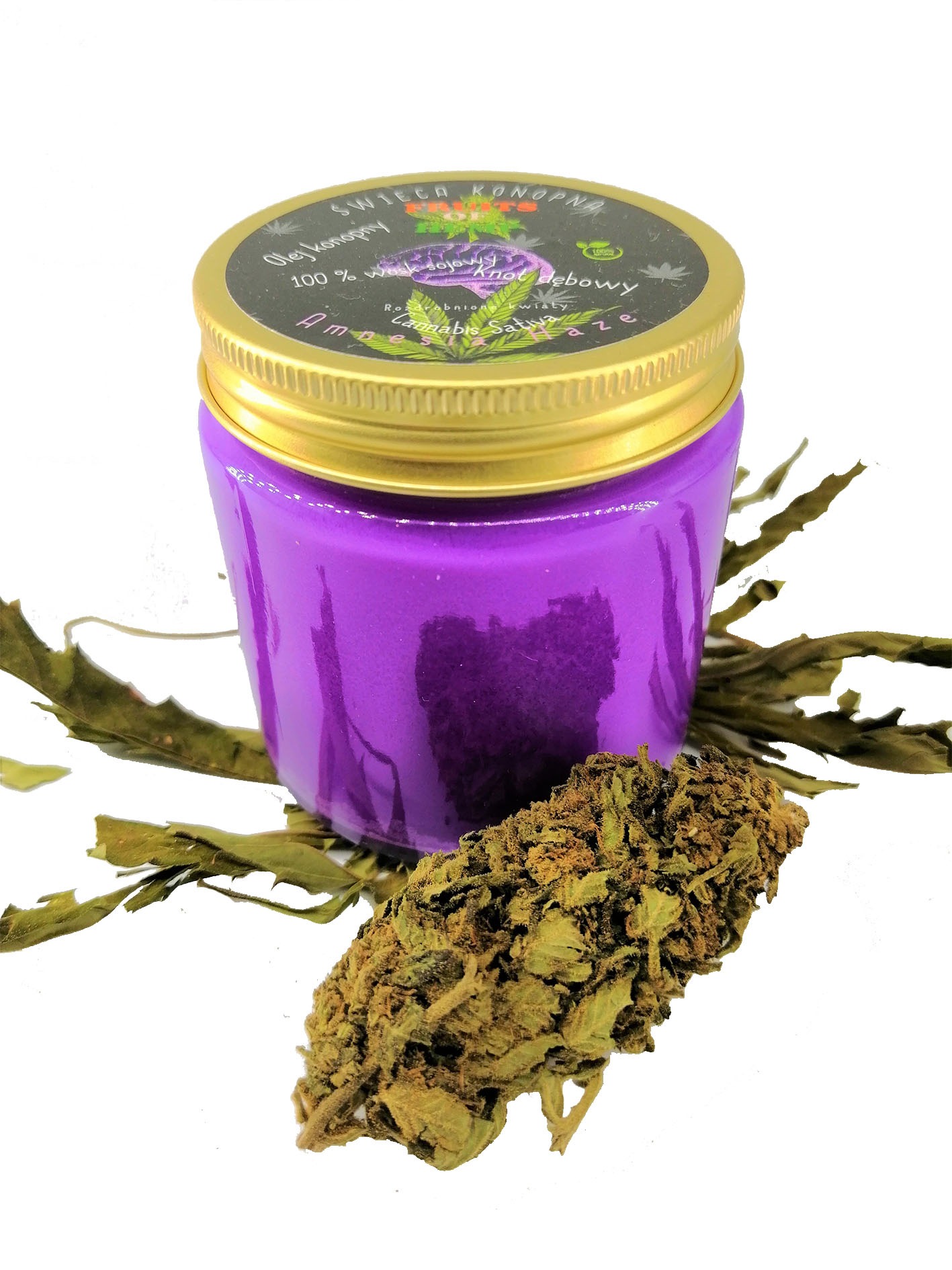 Fioletowy słoik z etykietą 'Świeca Konopna' na złotym wieczku, obok pączek konopi i suszone liście na białym tle.