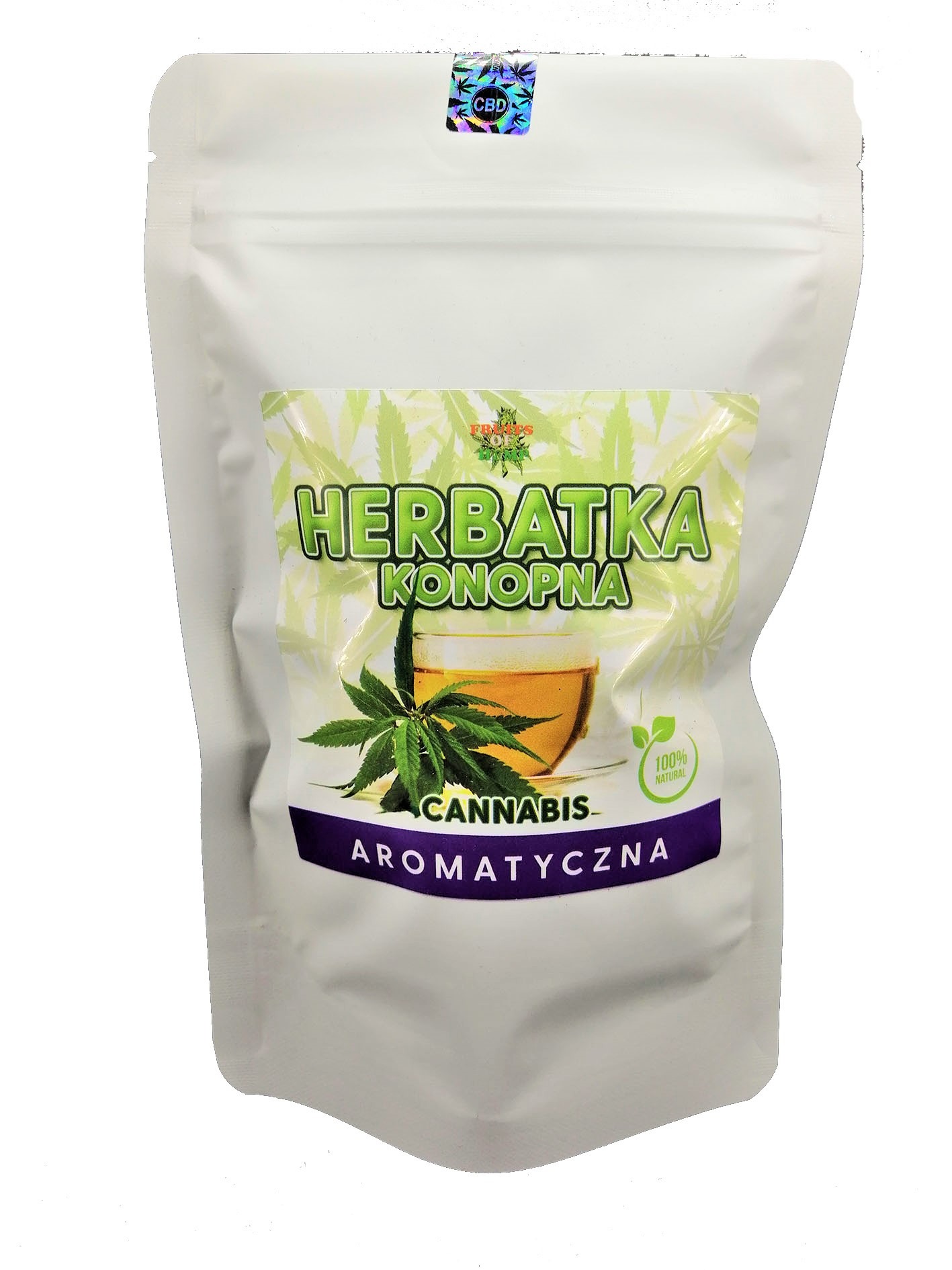 Biała torebka doypack z herbatą konopną CBD, etykieta z napisem 'Herbatka Konopna Aromatyczna' i grafiką liści konopi oraz filiżanki herbaty.