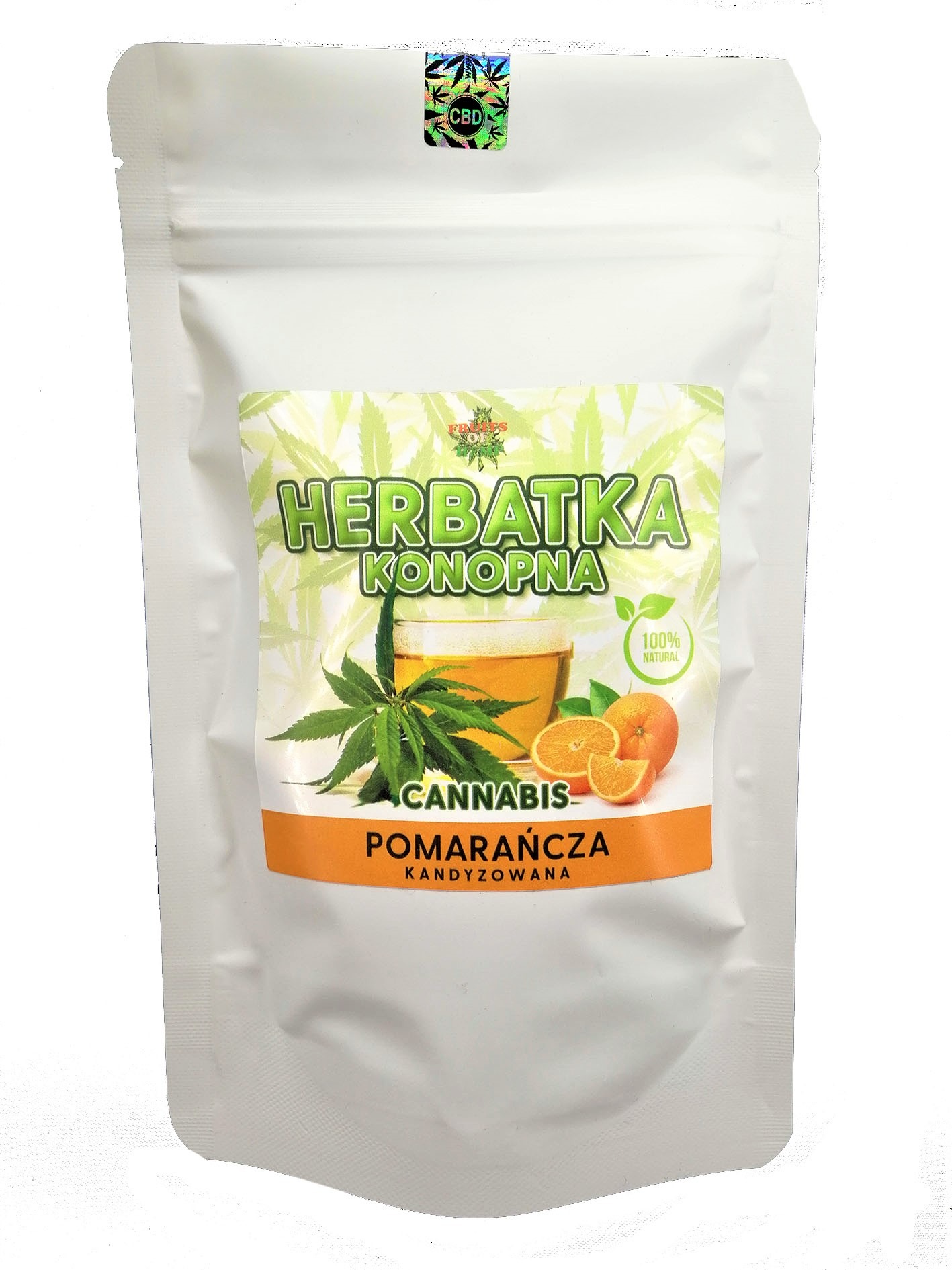 Biała, zamknięta torebka z herbatką konopną CBD o smaku pomarańczy kandydowanej, z hologramem CBD w rogu.