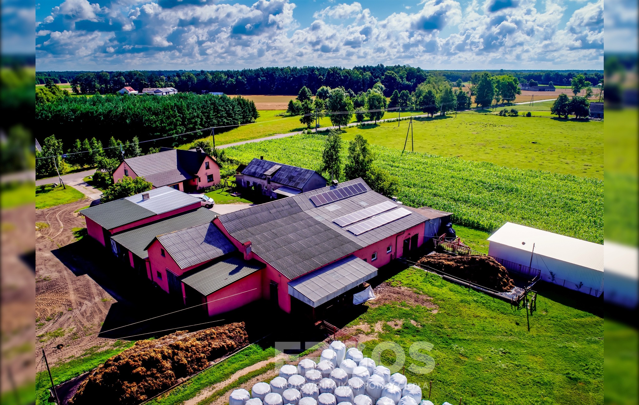 Widok z lotu ptaka na budynki gospodarcze z zainstalowanymi panelami słonecznymi na dachu, otoczone polami i lasami w słoneczny dzień.