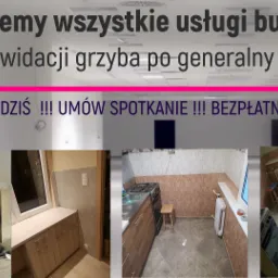 Kompozycja zdjęć przedstawiająca fragment salonu z nowoczesnym kominkiem, wykończoną łazienkę z drewnianymi szafkami oraz kuchnię po remoncie z nową zabudową i kaflami, a nad nimi napis reklamowy...