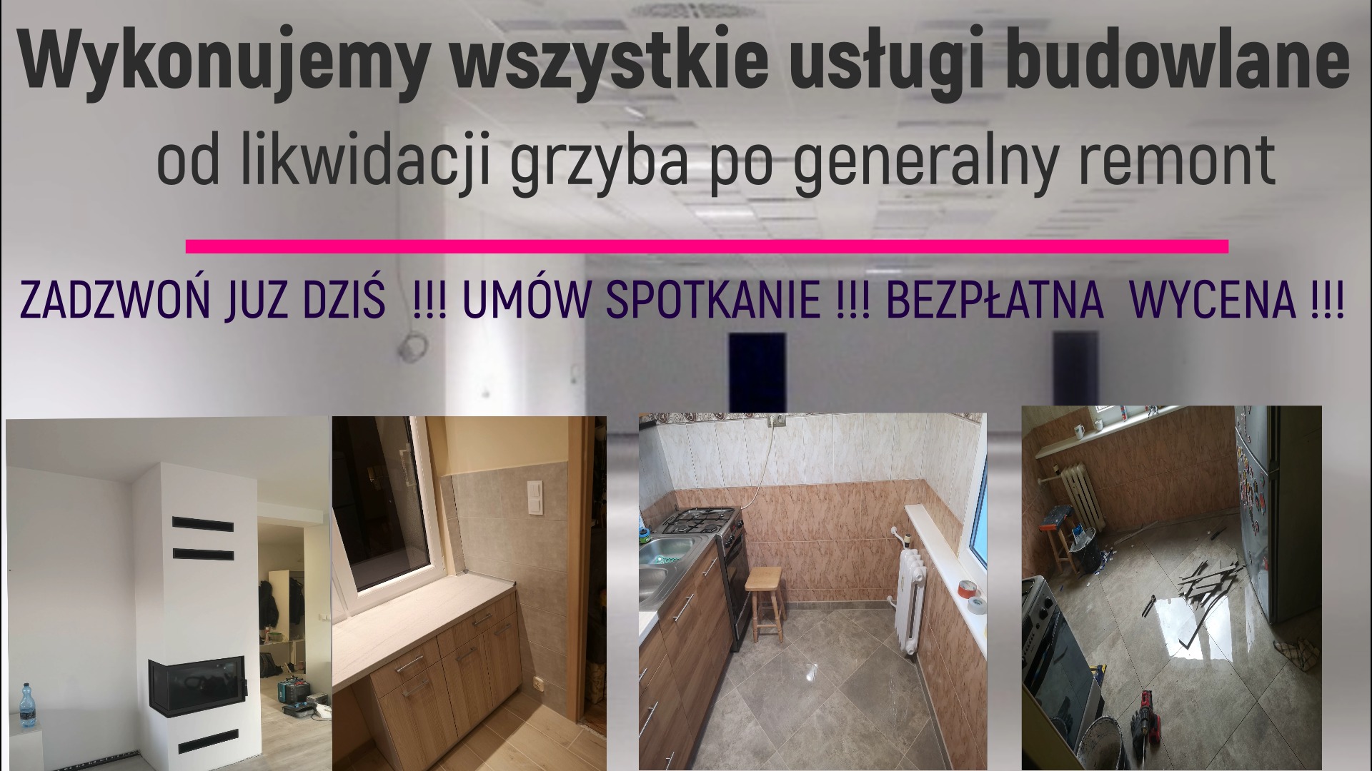 Kompozycja zdjęć przedstawiająca fragment salonu z nowoczesnym kominkiem, wykończoną łazienkę z drewnianymi szafkami oraz kuchnię po remoncie z nową zabudową i kaflami, a nad nimi napis reklamowy...