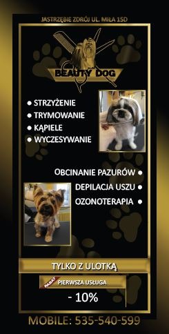 Ulotka reklamowa salonu 'Beauty Dog' oferującego strzyżenie, trymowanie, kąpiele, wyczesywanie, obcinanie pazurów, depilację uszu i ozonoterapię dla psów, z rabatem 10% na pierwszą wizytę po...