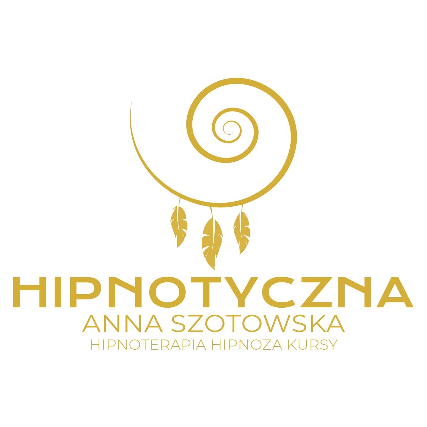 Złote logo z motywem spirali i piór, nazwa firmy Hipnotyczna Anna Szotowska, informacja o hipnoterapii, hipnozie i kursach na białym tle.
