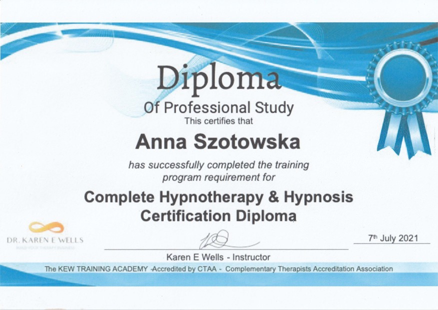 Dyplom ukończenia szkolenia z zakresu Hipnoterapii i Hipnozy dla Anny Szotowskiej, wydany 7 lipca 2021 roku przez Karen E Wells.