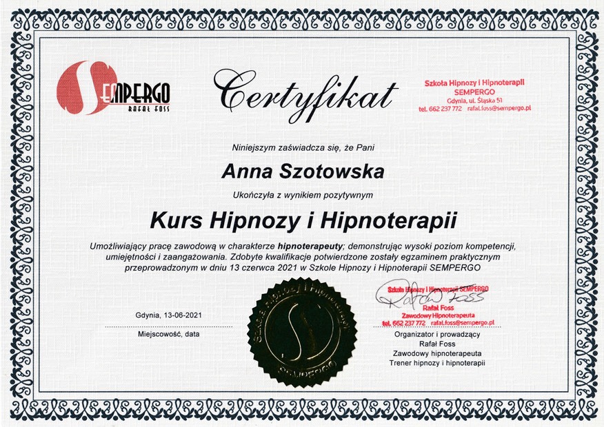 Skan certyfikatu ukończenia kursu z zakresu hipnozy i hipnoterapii dla Anny Szotowskiej, wydany przez Szkołę Hipnozy i Hipnoterapii SEMPERGO z Gdyni.