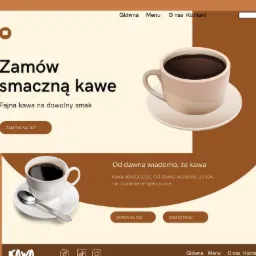 Projekt strony internetowej z ilustracjami filiżanek kawy i tekstem zachęcającym do zamówienia, utrzymany w tonacji brązów i beżu.