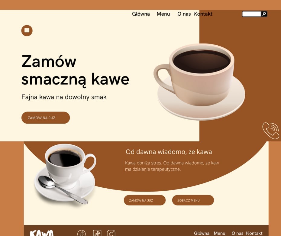 Projekt strony internetowej z ilustracjami filiżanek kawy i tekstem zachęcającym do zamówienia, utrzymany w tonacji brązów i beżu.