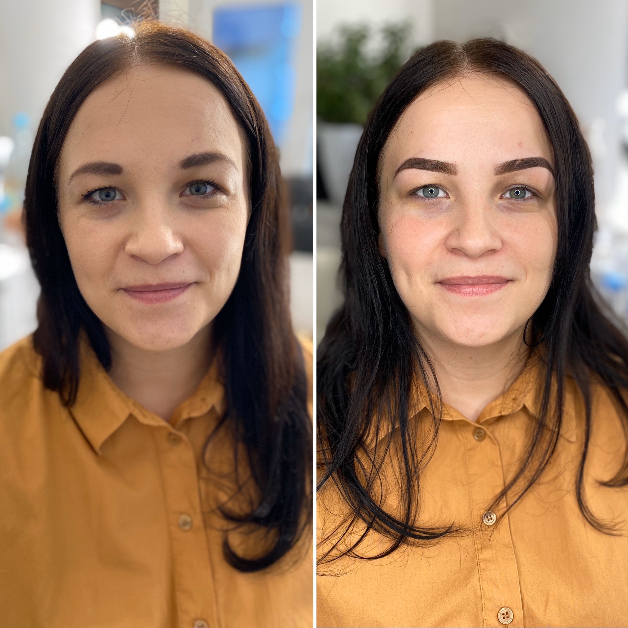 Zdjęcie typu 'przed i po' prezentujące efekt stylizacji brwi na twarzy kobiety z ciemnymi włosami i niebieskimi oczami, ubrana w musztardową koszulę.