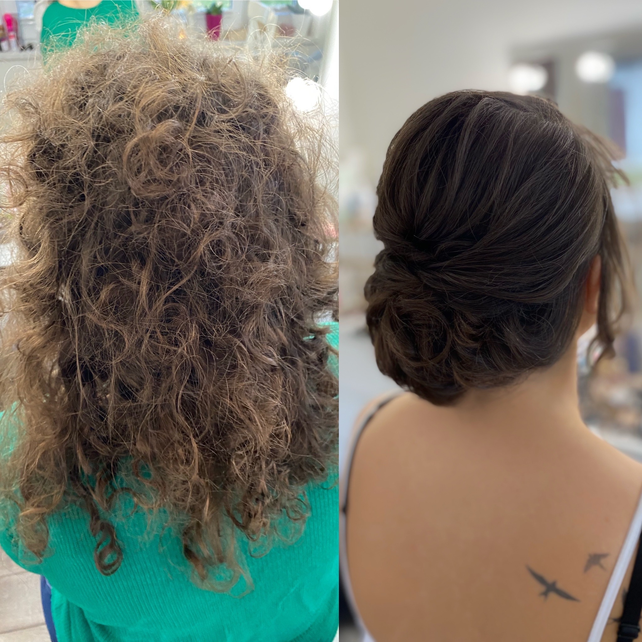 Porównanie włosów przed i po upięciu: po lewej stronie burza loków, po prawej elegancki kok z widocznym tatuażem dwóch lecących ptaków na plecach.