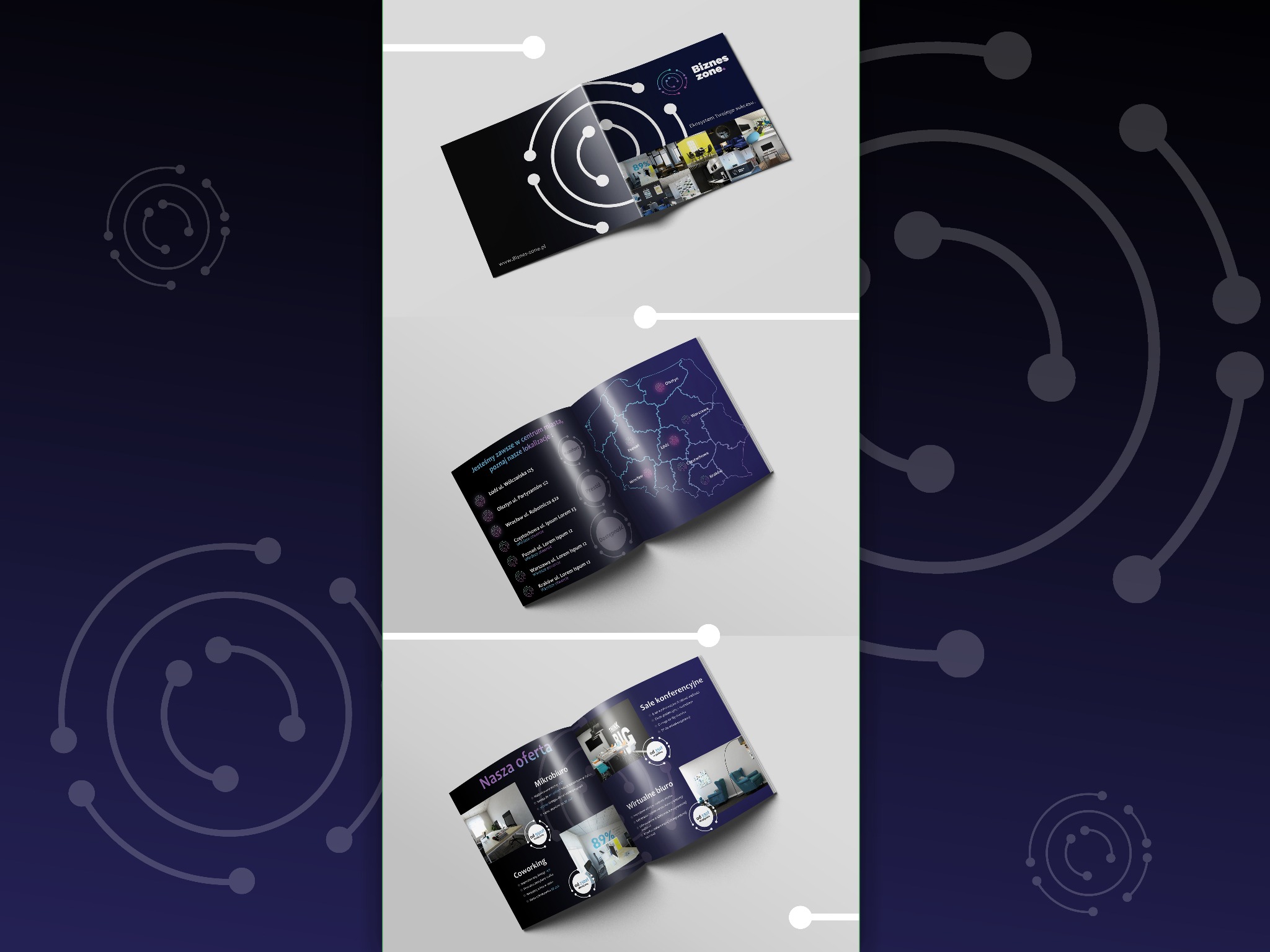 Rozłożona broszura reklamowa firmy Biznes Zone prezentująca ofertę mikrobiur, coworkingów, biur wirtualnych i sal konferencyjnych z mapą lokalizacji w różnych miastach Polski.