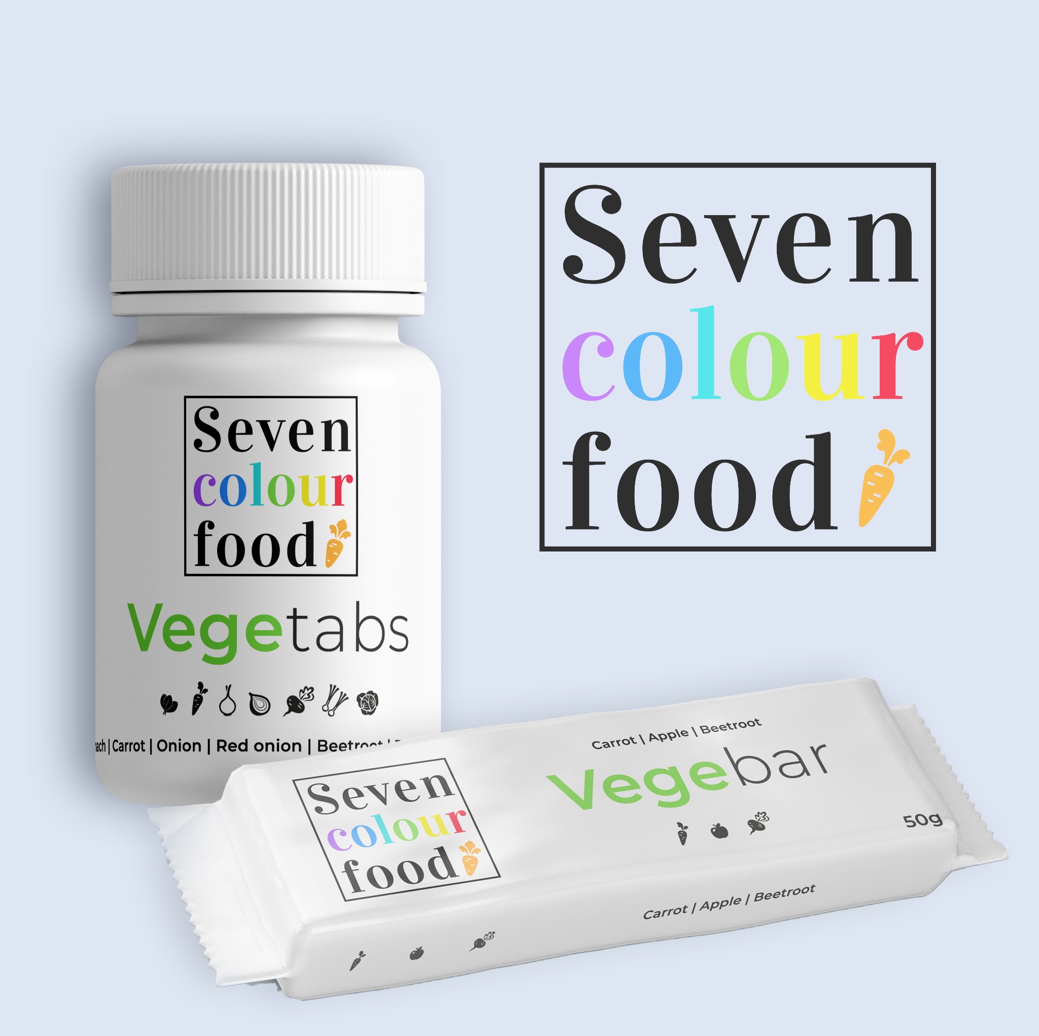 Produkt spożywczy w dwóch formach: biała butelka z kapsułkami i baton energetyczny, oba z logo 'Seven colour food' i informacją o warzywnych składnikach.