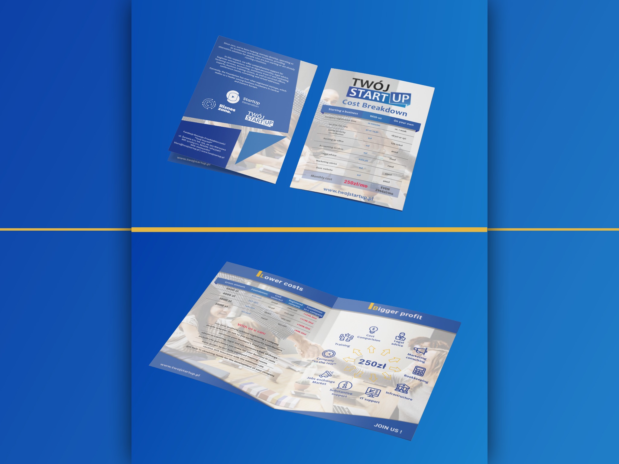 Ulotki reklamowe firmy 'Twój StartUp' prezentujące koszty prowadzenia działalności gospodarczej, porównanie kosztów z i bez wsparcia firmy, ikony usług: szkolenia, doradztwo prawne, marketing...