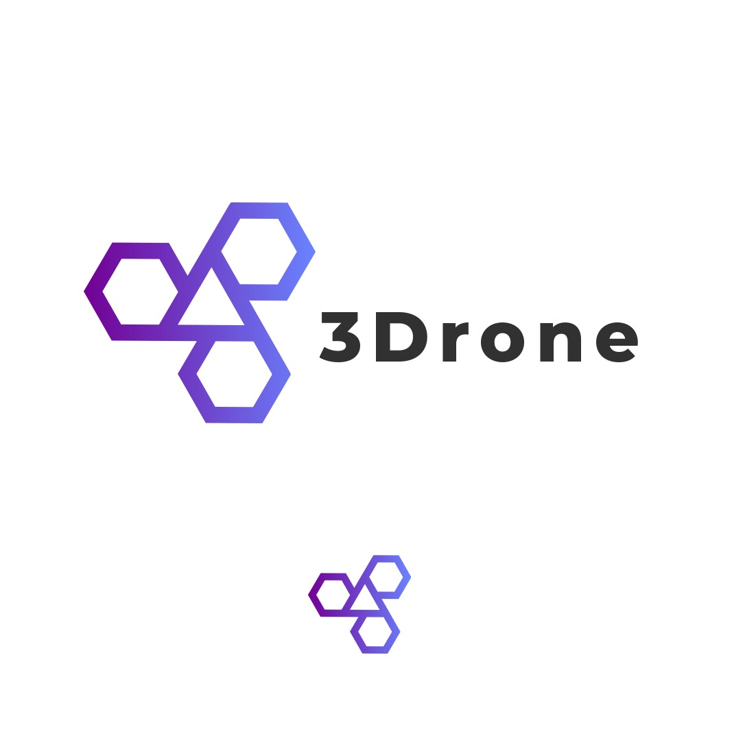 Minimalistyczny logotyp firmy 3Drone, składający się z trzech połączonych heksagonów w odcieniach fioletu i błękitu, z białym trójkątem w centrum i mniejszą wersją logo poniżej.