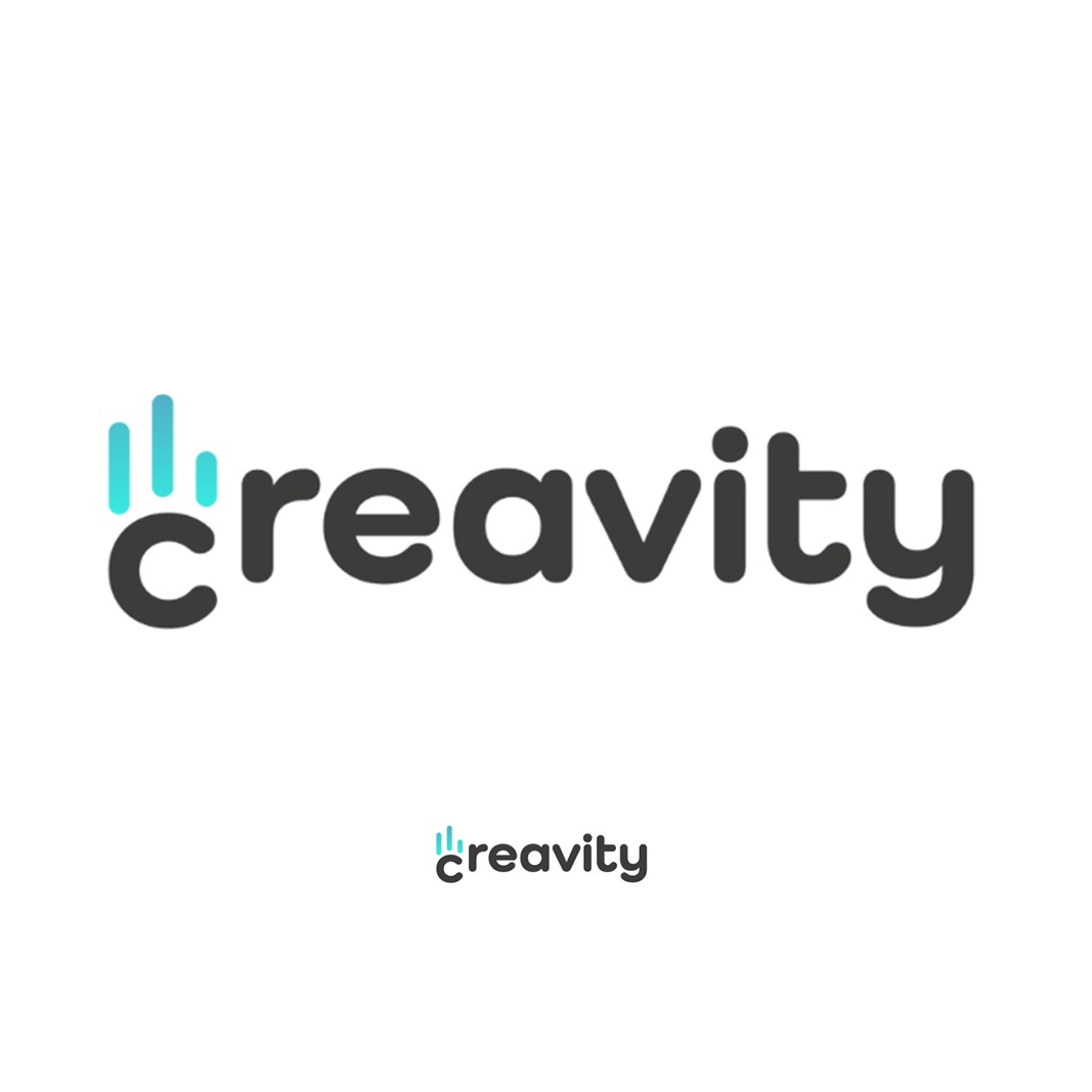 Nowoczesne logo 'Creavity' z trzema pionowymi, niebieskimi kreskami imitującymi wykres słupkowy nad literą 'c', poniżej mniejsza wersja logo.