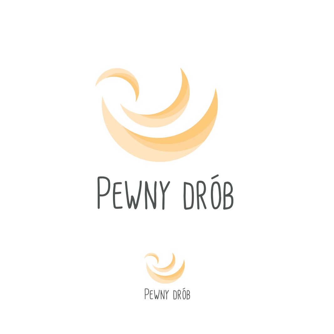 Logo firmy 'Pewny Drób' z abstrakcyjnym symbolem w odcieniach żółci, przypominającym pióra lub fale, umieszczonym nad i pod nazwą firmy napisaną prostą czcionką.