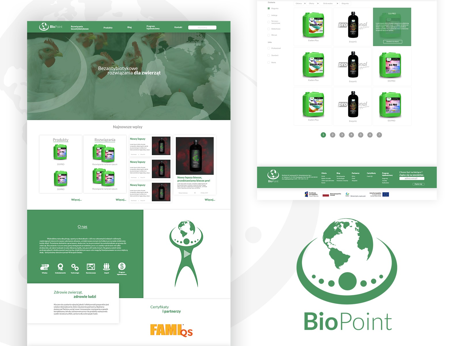 Projekt strony internetowej firmy BioPoint z zieloną kolorystyką, prezentującej produkty i rozwiązania bezantybiotykowe dla zwierząt, z sekcjami takimi jak 'Produkty', 'Rozwiązania', 'Najnowsze...