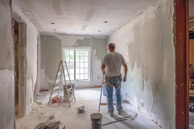 Remont pokoju: mężczyzna w białej koszulce szpachluje ścianę, drabina, okno, ślady szpachli na podłodze, narzędzia. Widok z tyłu, wnętrze w trakcie prac.