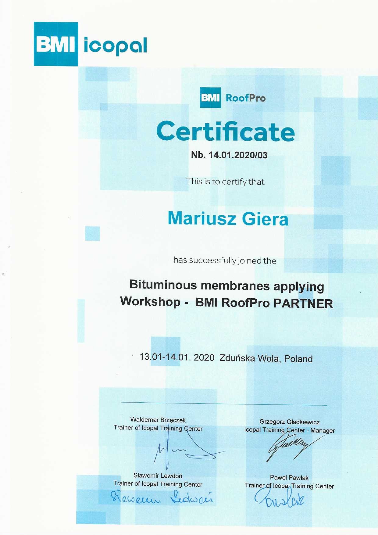 Certyfikat BMI RoofPro dla Mariusza Giery za ukończenie warsztatu z zakresu membran bitumicznych, z podpisami trenerów Icopal Training Center.
