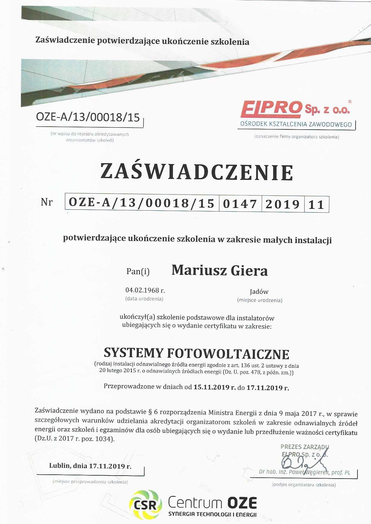 Skan zaświadczenia o ukończeniu szkolenia z zakresu systemów fotowoltaicznych, wydanego przez Elpro Sp. z o.o. dla Mariusza Giery, Lublin, 17.11.2019.