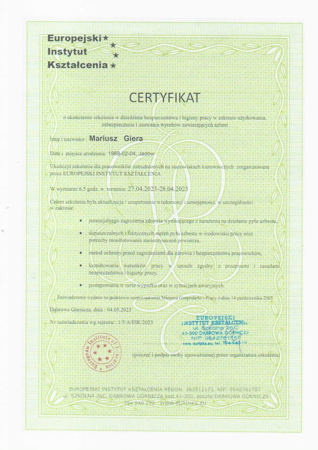Certyfikat ukończenia szkolenia BHP, wydany przez Europejski Instytut Kształcenia, dotyczący bezpieczeństwa pracy z azbestem, z datą wydania 04.05.2023.