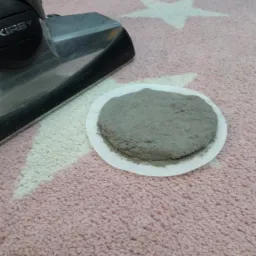 Fragment odkurzacza Kirby obok okrągłego filtra z zebranym brudem na różowym dywanie w białe gwiazdy.