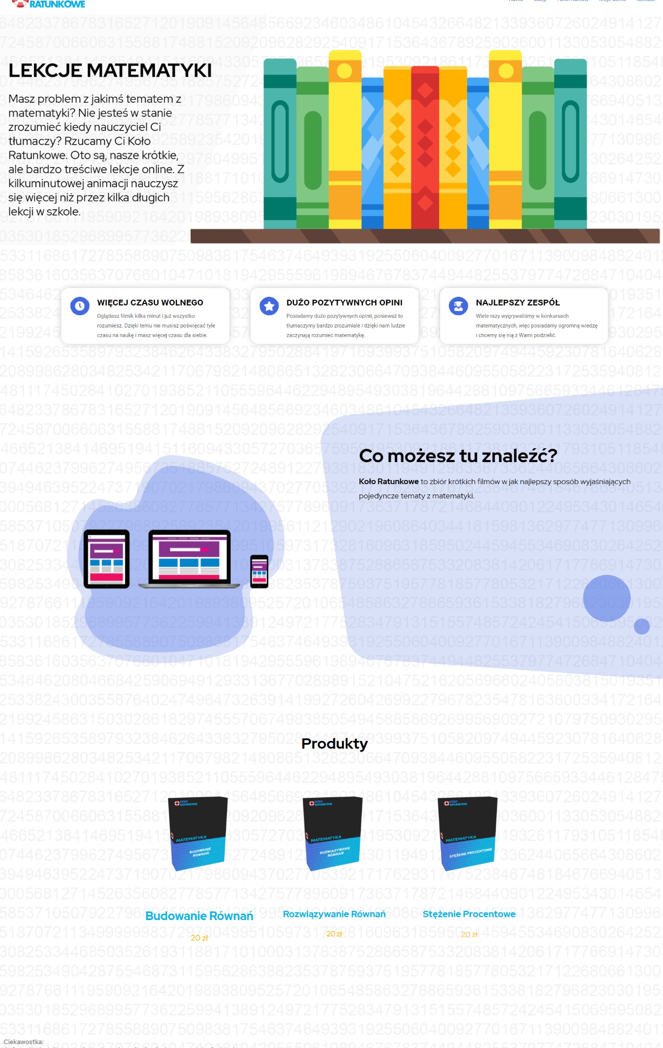 Ilustracja przedstawiająca kolorowe książki z liczbami w tle, promująca lekcje matematyki online i produkty edukacyjne.