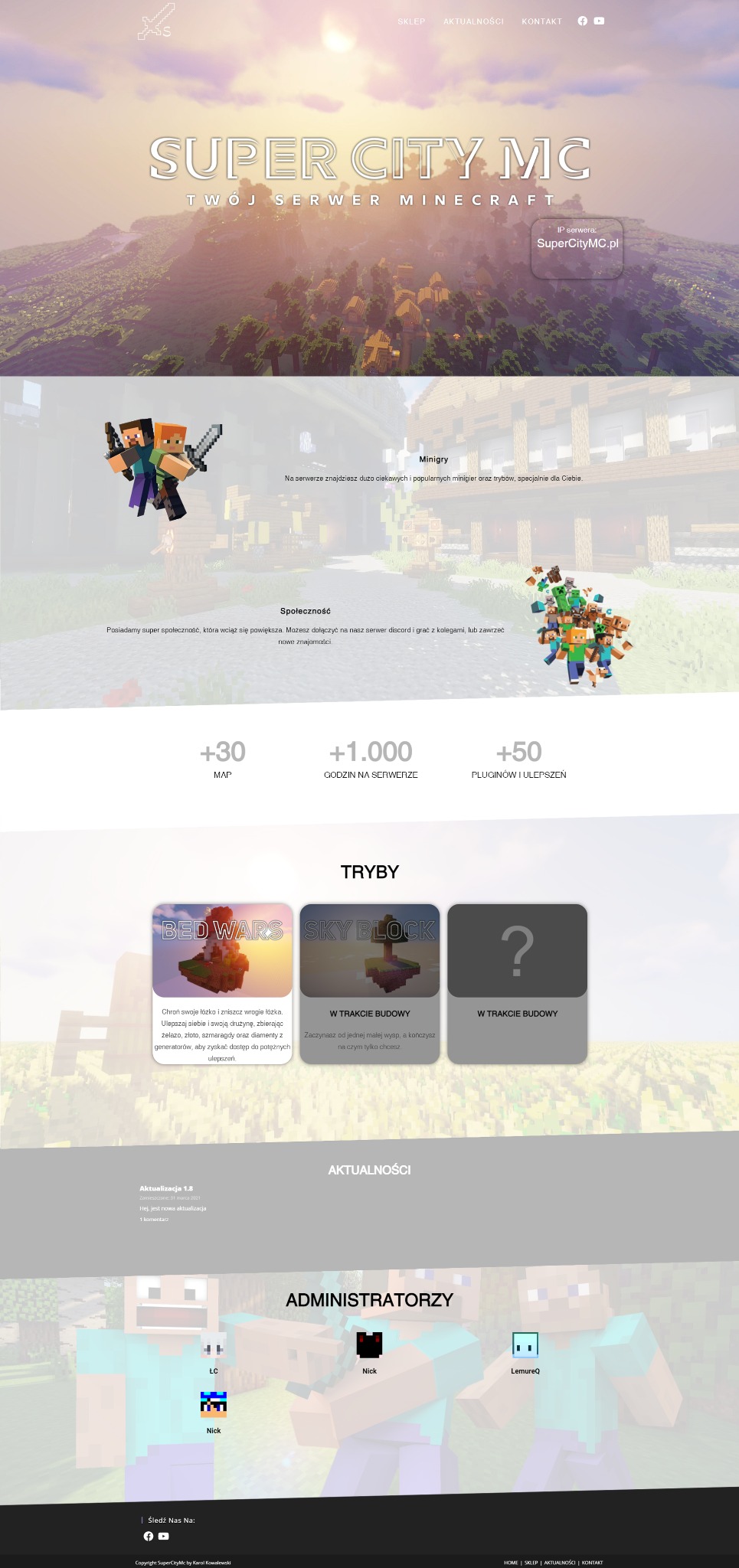 Strona internetowa serwera Minecraft SuperCityMC z widocznymi trybami gry Bed Wars i Sky Block oraz informacjami o minigrach, społeczności, mapach, godzinach na serwerze i pluginach.