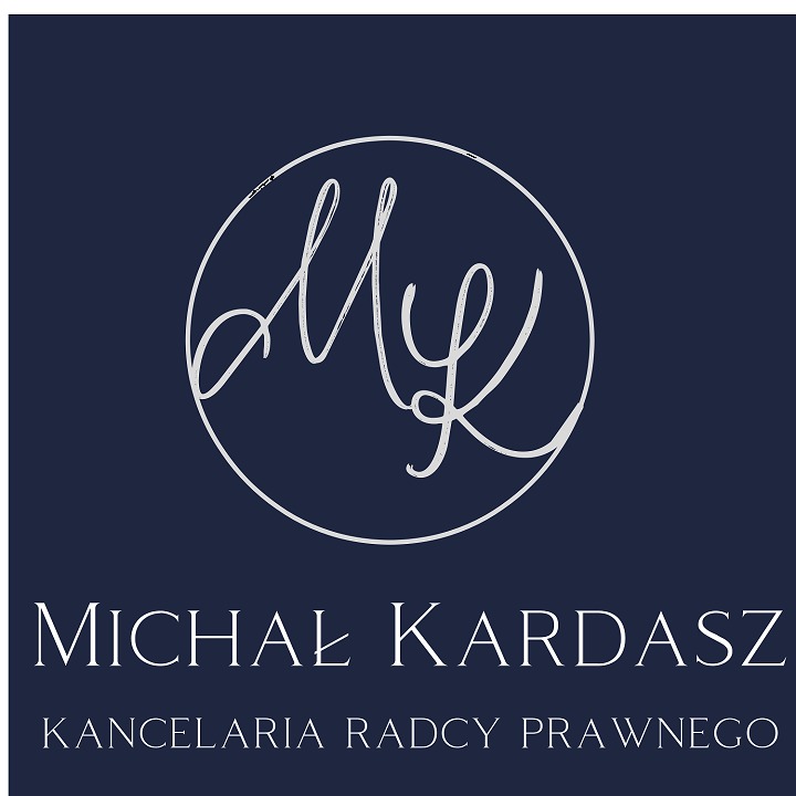 Eleganckie logo Kancelarii Radcy Prawnego Michała Kardasza na granatowym tle, z inicjałami MK wpisanymi w okrąg.