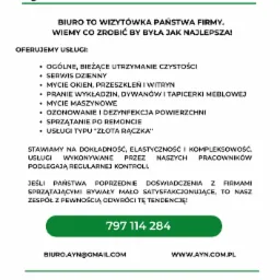 Ulotka reklamowa firmy oferującej profesjonalne usługi utrzymania czystości, w tym ogólne sprzątanie, mycie okien, pranie wykładzin i ozonowanie, z numerem telefonu i adresem email.