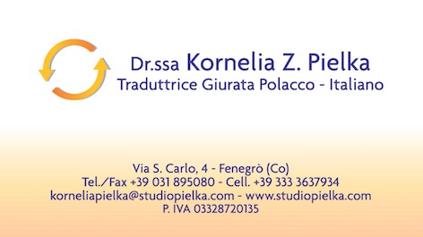 Wizytówka tłumaczki przysięgłej języka polskiego i włoskiego, Kornelii Z. Pielka, z danymi kontaktowymi i logo w postaci strzałek tworzących okrąg.
