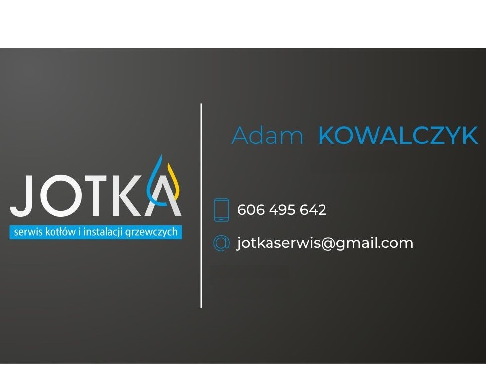 Wizytówka firmy JOTKA, serwis kotłów i instalacji grzewczych, kontakt: Adam Kowalczyk, numer telefonu i adres e-mail.